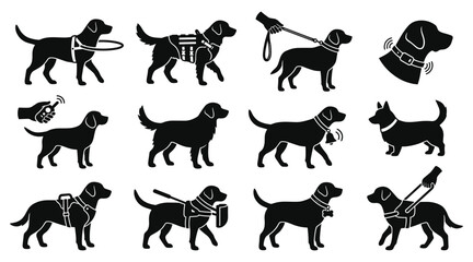 Obraz premium Assistance Guide Dog Silhouette Set Featuring Service Canines wearing Halo Harnesses Safety Vests Training Collars and Support Handles Vector Isolated Graphic Icons