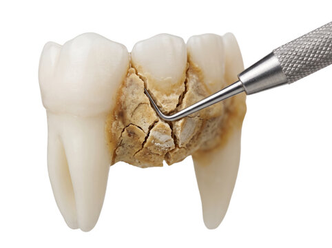 Dental calculus removal teeth scaler removing tartar build up during professional hygiene cleaning treatment close up on black background for dentistry medical healthcare visual concept.
