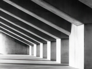 Obraz premium empty concrete colonnade with repeating slanted beams and vertical pillars, dramatic light and shadow evoking a serene minimalist geometric space