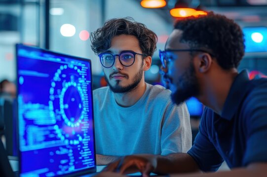 Two coworkers intently collaborating over a glowing monitor displaying blue code and circular data visualizations in a dim tech office