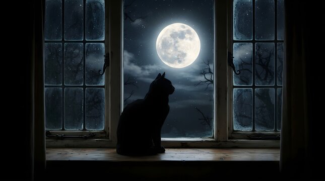 Silhouette of a black cat sitting on a window sill looking at a full moon in the night sky