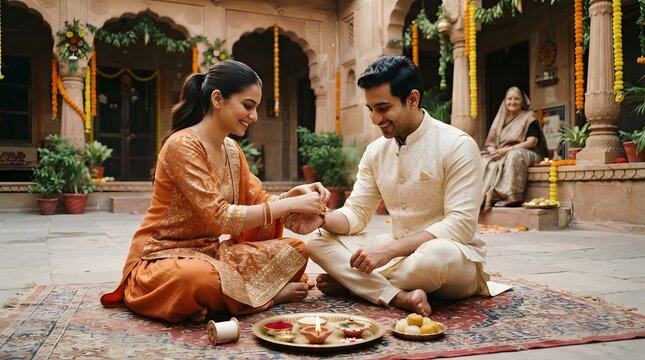 Indian sister tying rakhi on brothers wrist during raksha bandhan festival