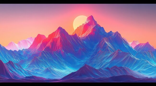 vibrant surreal mountain range at sunrise with glowing sun behind jagged pastel peaks, layered blue and pink ridges evoking a dreamy serene and majestic mood