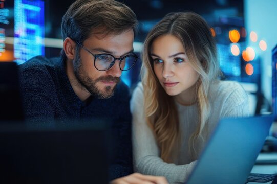 Two coworkers with obscured faces leaning together over a laptop in a dim, blue-lit office, focused and collaborative as they review code and data on multiple monitors