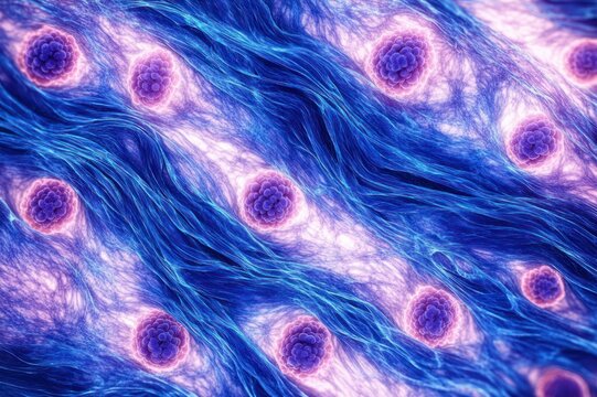 Vibrant microscopic view of blue fibrous strands intertwined with glowing pink and purple spherical cell clusters, abstract organic texture evoking wonder and curiosity