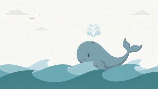 Cute blue whale swimming in ocean waves with birds with friendly blue birds clouds marine life sea animal