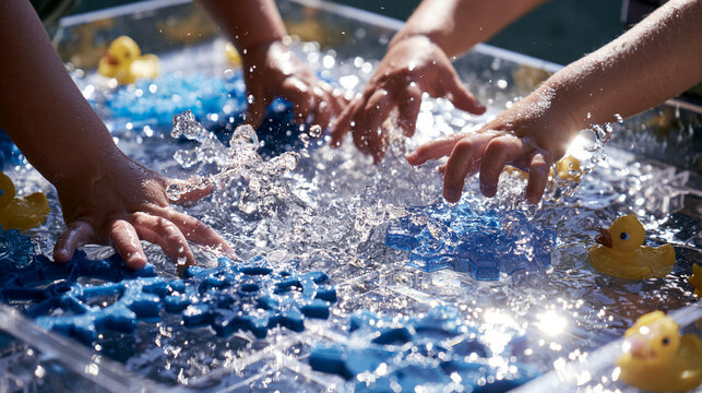 Hands of young children play in a water sensory bin with floating plastic toys.