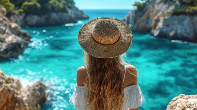 woman in straw hat with long wavy hair wearing white off-shoulder top gazing at turquoise sea in sunlit rocky cove, peaceful and contemplative