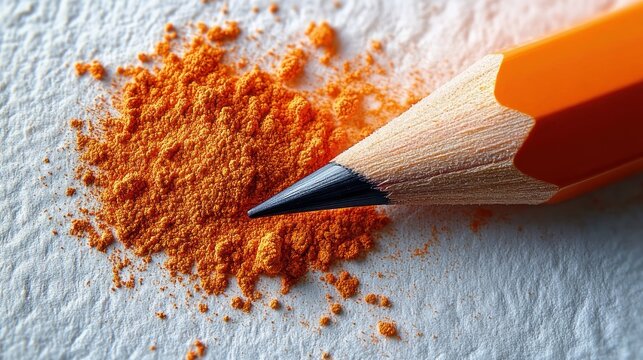 Close-up of a sharpened orange pencil tip resting beside a small pile of vivid orange pigment powder on textured white paper, evoking creativity and precision