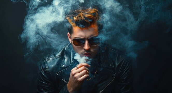 brooding person in black leather jacket with styled hair and chain necklace smoking amid swirling smoke clouds against a dark background