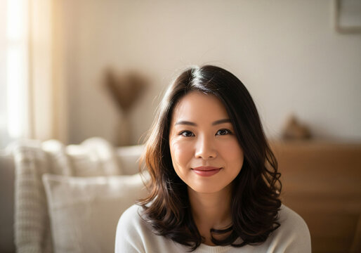 Beautiful young asian woman smiling at camera with long dark hair in a bright and cozy sunlit home interior with green plants in the background