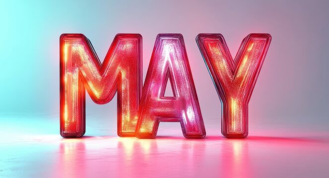 glowing translucent 3d letters spelling may on a reflective surface with pink and teal lighting, festive warm mood