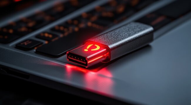 metal usb flash drive with glowing red warning icon resting on illuminated laptop keyboard reflecting urgent alert and cybersecurity threat