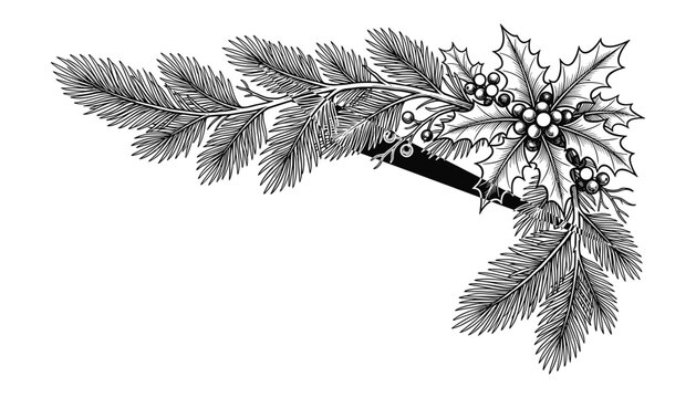 Christmas corner border engraving vector illustration with holly leaves red berries and pine tree branches