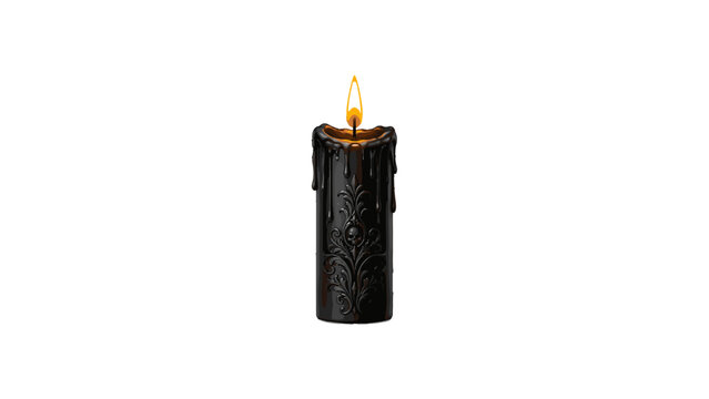 Lit black gothic wax candle with carved pattern and burning flame isolated on white background