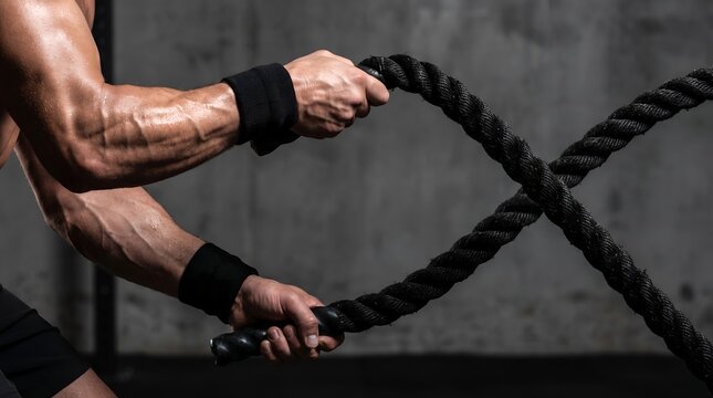 Detail Of Strong Male Muscular Arms Gripping Battle Ropes For Intense Functional Training