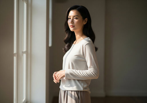 Asian woman in a white shirt looks out the window, lost in thought.