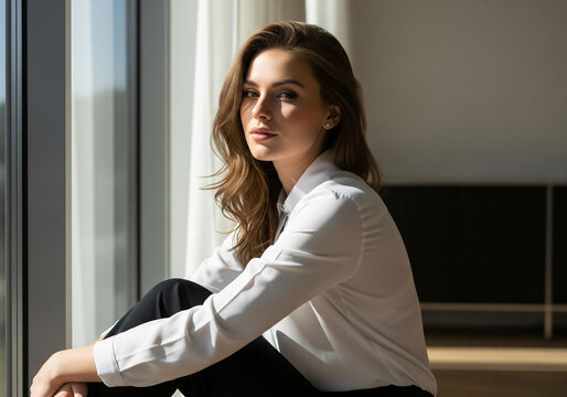 woman in a white shirt looks out at the camera, deep in thought.