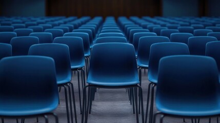 Fototapeta premium Empty rows of blue chairs with metal legs in a dim auditorium, symmetrical seating and quiet anticipation