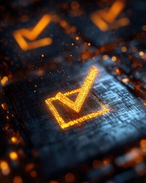 glowing orange checkmark in a square on a metallic circuit board with scattered glowing particles and blurred background checkmarks, conveying secure confirmation and success