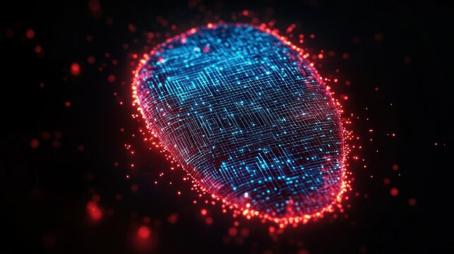 glowing neon blue and red digital fingerprint made of circuitry and particles, futuristic secure high-tech biometric scan with mysterious cyber aura