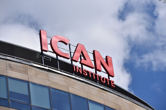 ICAN institute facade with signage on the facade, business and management trainings. WARSAW, POLAND - AUGUST 8, 2026