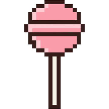 Retro 90s nostalgia pink lollipop pixel art icon for y2k aesthetic 8 bit graphic design elements