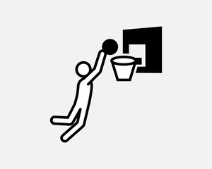 Minimalist black and white icon of a basketball player performing a slam dunk into the hoop © Fahim