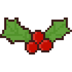 Fototapeta premium Cute christmas holly leaves and berries pixel art icon for retro 8 bit winter holiday decoration and festive aesthetic graphic design elements