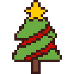 Obraz premium Cute christmas tree pixel art icon for retro 8 bit winter holiday decoration and festive aesthetic graphic design elements