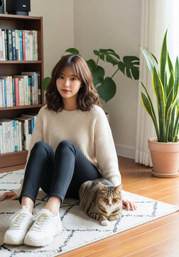 A beautiful, cute Asian woman in a brown shirt with a fluffy Ragdoll cat in the living room.