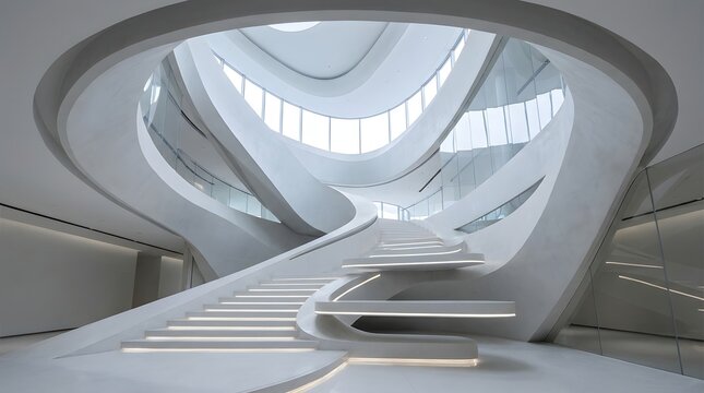 Modern abstract interior with curved white walls and a grand staircase in a futuristic minimalist architectural space