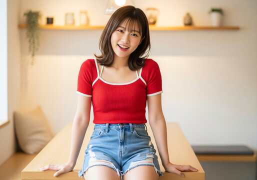 A happy Asian girl wearing a red t-shirt and denim shorts sits at a wooden table.