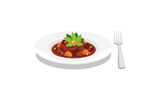 Delicious hot beef stew with carrots and potatoes on a white plate is presented with a silver fork on the side.