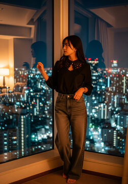 Asian woman in a black shirt gazes out the window at the city lights from her office.