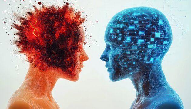 human profile with explosive red particle burst facing a blue digital humanoid head of circuitry, conveying emotional turmoil and tense confrontation between mind and machine