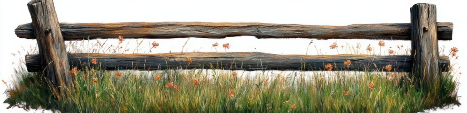 Weathered rustic wooden split-rail fence amid tall grass and wildflowers, evoking serene pastoral calm and timeless country charm