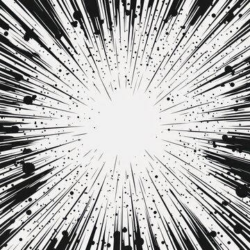 black ink burst of radial speed lines and splattered dots radiating from a bright center conveying explosive energy and dynamic motion