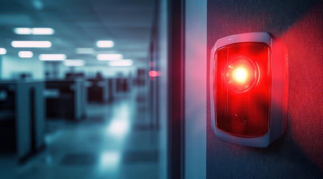 glowing red emergency alarm light mounted on office wall overlooking empty cubicle workspace, urgent tense atmosphere