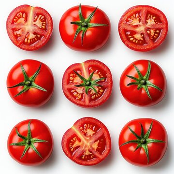 overhead grid of nine ripe red tomatoes alternating whole fruits with green stems and halved tomatoes revealing juicy seeds on a clean white background, fresh and vibrant