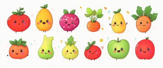 Fototapeta premium twelve kawaii-style smiling fruits and vegetables with blushing cheeks, leafy tops, colorful pastel splashes and playful, joyful expressions conveying warmth and friendliness