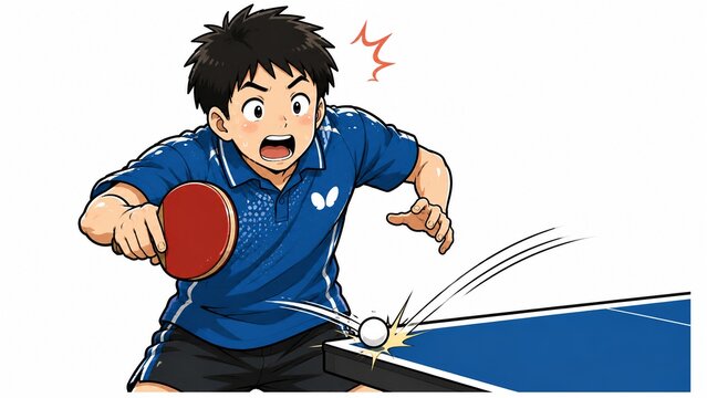 卓球の試合で熱中してボールを打ち込む若い男子選手のイラスト