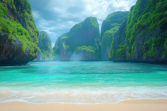 serene tropical cove with turquoise waves lapping a sandy beach framed by towering green limestone cliffs under a dramatic cloudy sky