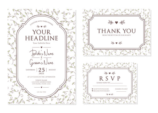 Hand Drawn Vine Botanical Wedding Invitation Suite Vector Template
