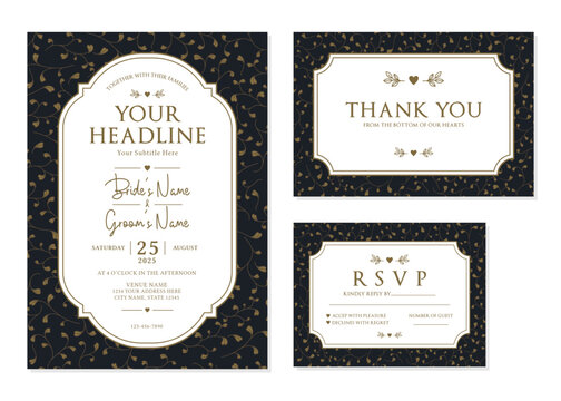  Luxury Black Gold Botanical Wedding Invitation Suite Vector Template
