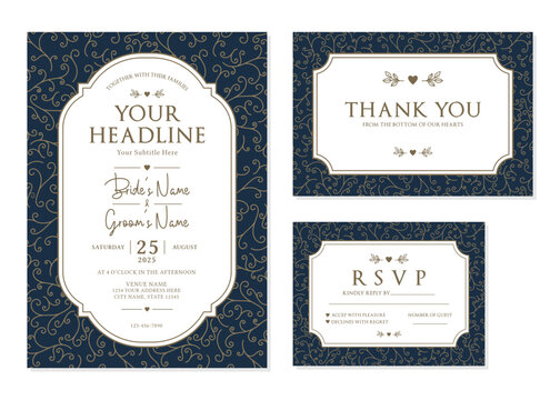 Luxury Navy Blue Gold Swirl Wedding Invitation Suite Vector Template
