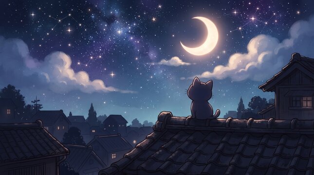 Cute chibi cat sitting on a rooftop and gazing at a glowing crescent moon under a beautiful starry night sky. Peaceful fantasy illustration featuring cozy village rooftops.