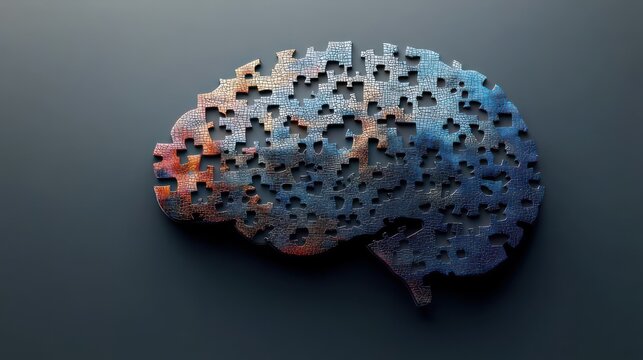 textured brain-shaped puzzle with missing pieces and warm-to-cool gradient on dark background conveying fragmented memory and contemplative mood