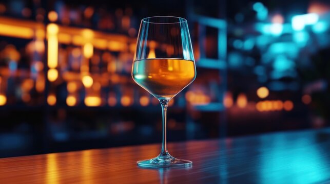 single stemmed wine glass with golden drink on polished wooden bar counter, warm orange bokeh lights and cool blue background creating an inviting, cozy, sophisticated mood