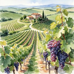 Fototapeta premium Watercolor painting shows rolling hills covered in vineyards and a farmhouse in Italy. Grapes hang from vines in the foreground, with a scenic landscape stretching into the distance under a blue sky.